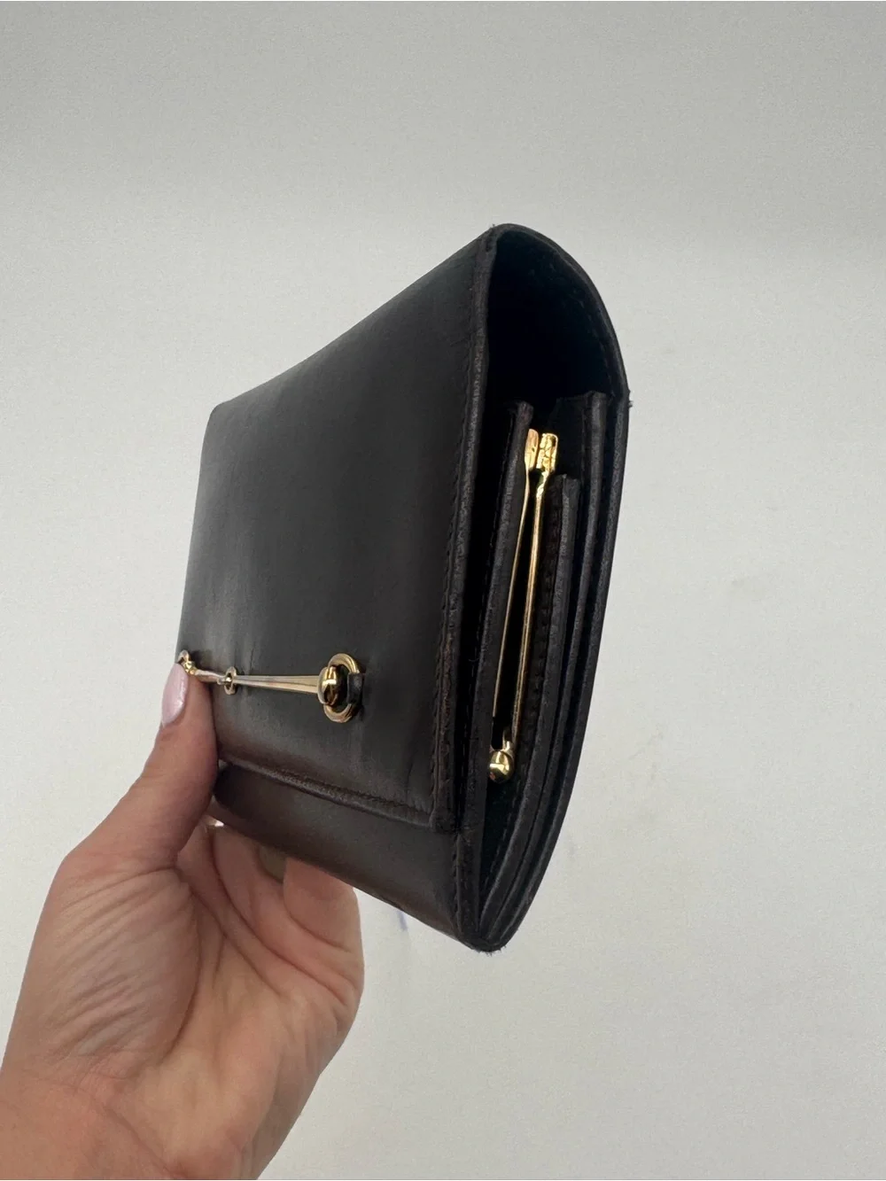 GUCCI Horsebit Long Wallet Clutch Tainted Indigo/Brown Leather Gold Hardware - Picture 4 of 10